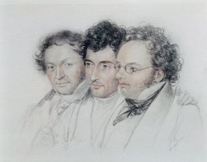 Von links nach rechts, Freunde der Komponisten Johann Baptist Jenger (1793-1856), Anselm Huttenbrenner (1794-1868) und Franz Schubert (1797-1828), Pastell von Josef Eduard Teltscher