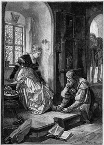 Eva in der Werkstatt von Hans Sachs (Akt III der Oper „Die Meistersinger von Nürnberg“ von Richard Wagner, geschrieben 1868) basierend auf dem Gemälde von Joseph Flüggen. Gravur in „Die illustrierte Welt“ von Josef Fluggen