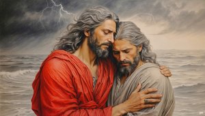 Jesus von Nazareth rettet Simon Petrus vor dem Ertrinken von Josef Johann Michel