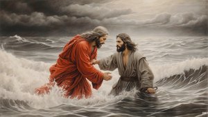 Jesus von Nazareth rettet Simon Petrus vor dem Ertrinken