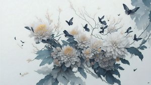 Tuschemalerei: Chrysanthemenblume in Weiß_01
