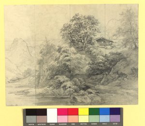 Gebirgslandschaft mit Bauernhöfen von Josef Kriehuber