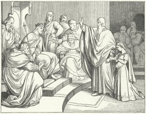 Beatrix von Hohenstaufen bittet König Otto IV. von Deutschland, den Mord an ihrem Vater, Philipp von Schwaben, zu rächen von Josef Mathias Trenkwald