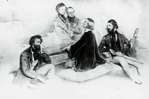 Matinee im Haus von Liszt, von links nach rechts, Kriehuber, Komponist Hector Berlioz, Carl Czerny, Liszts Lehrer, Franz Liszt und Geiger Heinrich Wilhelm Ernst, Lithographie von Josef Kriehuber