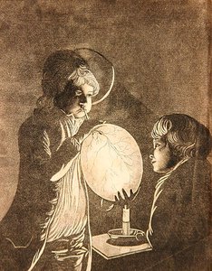 Zwei Jungen, die eine Blase bei Kerzenlicht aufblasen, aquatintiert von Peter Perez Burdett von Joseph (after) Wright of Derby