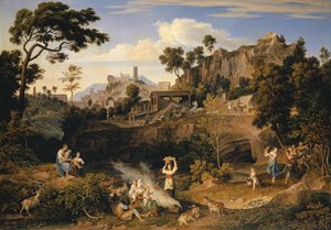 Landschaft bei Olevano mit einer Parade tanzender Bauern, 1823-24 von Joseph Anton Koch