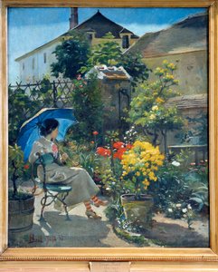 Im Garten. Eine junge Frau mit einem Regenschirm, umgeben von Blumen. Gemälde von Joseph Bail, 20. Jahrhundert von Joseph Bail