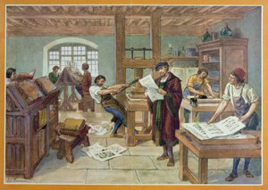 Die Erfindung des Buchdrucks mit beweglichen Lettern durch Gutenberg, Illustration aus 