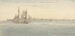 Einzelner Schoner (?) Ein weiteres Segelschiff gegen die Silhouette der Stadt im Hintergrund von Joseph Cartwright
