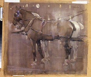 Kutschpferde bei Gaslicht (Aquarell & Körperfarbe auf Leinen)