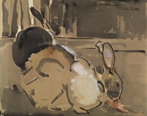 Zwei Kaninchen, eines isst Karotten von Joseph Crawhall