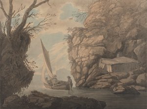 Ein Segelboot mit drei Männern verlässt eine felsige Bucht von Joseph Farington