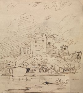 Schloss mit einem runden Turm über einem Fluss von Joseph Farington