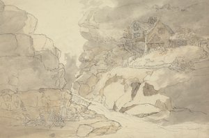 Landleute und Hütten an einem Fluss