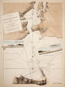 Karte des New Yorker Hafens mit Tiefenmessungen, Landansichten und nautischen Anweisungen für die Navigation von Joseph Frederick Wallet DesBarres
