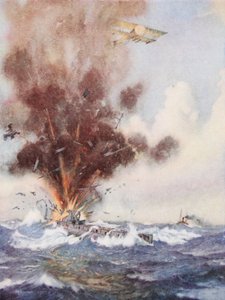 Staffelkommandant A.W. Bigsworth greift mit Bomben ein deutsches U-Boot an, das sich mit Wasser füllt und vor Ostende sinkt