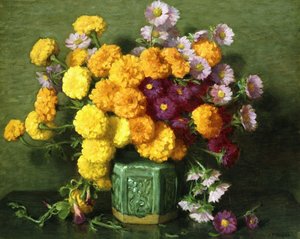 Ringelblumen und Astern in einer chinesischen Vase