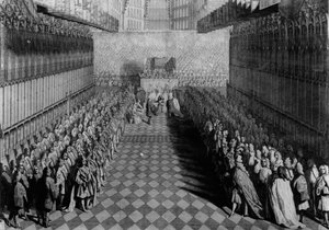 Prinz Wilhelm bietet dem Dekan sein Schwert an, am Altar, die Ritter stehen unter ihren Bannern, veröffentlicht 1730, graviert von J. Pine von Joseph Highmore