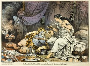 Die republikanische Dalilah beraubt heimlich den demokratischen Samson seiner Stärke, aus Puck von Joseph Keppler