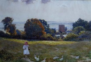 Ein kleines Mädchen mit Enten auf einer Wiese von Joseph Kirkpatrick