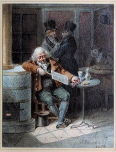 Lesen der Gazette: alter Mann schläft in einem Café und liest die Zeitung „The Gazette“ im Jahr 1824. Lithographie von Joseph Louis Hippolyte Bellange (1800-1866) von Joseph Louis Hippolyte Bellange