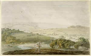 Ein Bauer sät, mit einem Flusstal und Hügeln im Hintergrund, ca. 1795 von Joseph Mallord William Turner