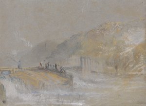 Flusslandschaft mit Anglern, die von einem Wehr aus fischen von Joseph Mallord William Turner
