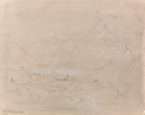 Gebirgslandschaft mit Stadt im Tal (ca. 1840) (Graphit und graue Waschung auf Papier) von Joseph Mallord William Turner