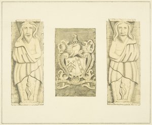 2 Figuren und Wappen vom Tor am Black Castle, Brislington von Joseph Manning