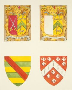Vier Wappen - zwei in einem Fenster in der Nähe des Glockenturms, Kathedrale von Bristol