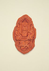 Vorderseite des Siegels von Matthew Parker, Erzbischof von Canterbury, zum Testament von Thomas Alyce, Kaufmann von Joseph Manning