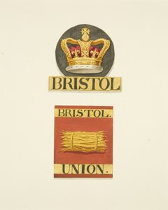 Hausabzeichen oder Feuermarken der Bristol Crown und Bristol Union Fire Offices von Joseph Manning