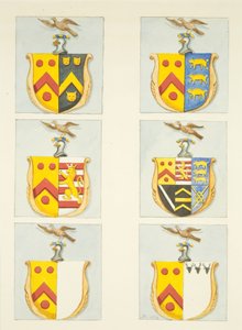 Sechs Wappen in Buntglasfenstern in den nördlichen und südlichen Seitenschiffen (östliches Ende) der Kathedrale von Bristol