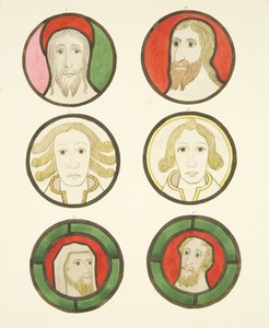 Sechs Köpfe in Buntglasfenstern nördlich und südlich des Chors in der Kathedrale von Bristol