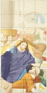Buntglasfenster am Ostende des Südschiffs der Kathedrale von Bristol, das Käufer und Verkäufer im Tempel zeigt