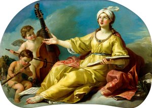 Eine Personifikation der Musik, singend mit Putti, die eine Viola und eine Flöte spielen, 1758