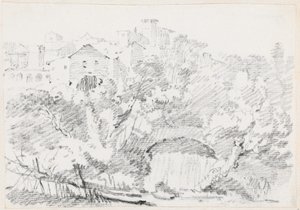 Ein Wasserfall in der Nähe einer Hügelstadt in Italien