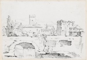 Eine italienische Stadt mit einer Steinbrücke und einem Wasserfall