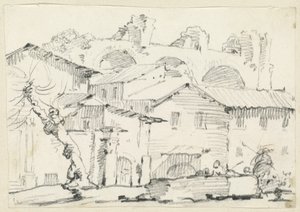 Häuser auf der Nordseite des Forums mit der Basilika von Maxentius im Hintergrund