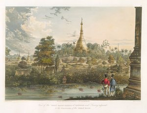 Ansicht der Großen Dagon-Pagode in Rangoon von Westen, graviert von Henry Pyall (1795-1833) 1825-26