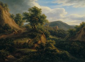 Waldige Berglandschaft mit Ruine