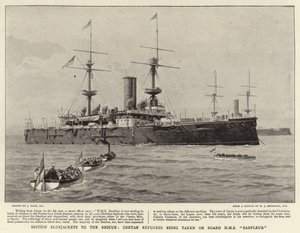 Britische Matrosen zur Rettung, kretische Flüchtlinge werden an Bord der HMS Barfleur gebracht