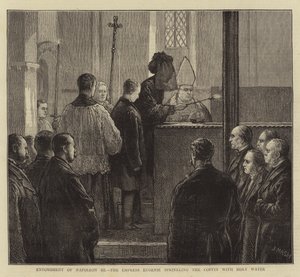 Beisetzung von Napoleon III, die Kaiserin Eugenie besprengt den Sarg mit Weihwasser