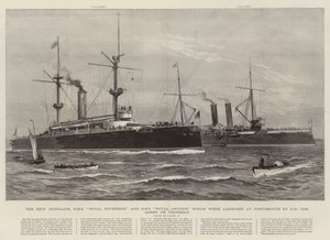 Die neuen Panzerschiffe, HMS Royal Sovereign und HMS Royal Arthur, die am Donnerstag von Ihrer Majestät der Königin in Portsmouth vom Stapel gelassen wurden