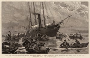 Mit dem Entlastungsgeschwader des Herzogs von Edinburgh, Ankunft der HMS Goshawk mit Vorräten vor der Westküste Irlands zwischen Achill und Clare Islands von Joseph Nash