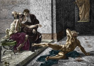 Darstellung des römischen Giftmischers Locusta, der an der Seite von Kaiser Nero (37-68) ein Gift an einem seiner Sklaven testet, das für seinen Bruder Britannicus (41-55) bestimmt ist, 55. Gravur nach einem Gemälde von Joseph-Noel Sylvestre (1847-1926) 18