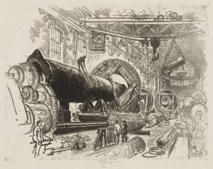 Englische Kriegsarbeit: Schneiden und Drehen eines großen Geschützes von Joseph Pennell
