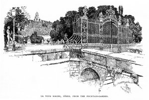 Nimes (Gard, Languedoc): der Magne-Turm vom Fontaine-Garten aus gesehen, 1888 von Joseph Pennell