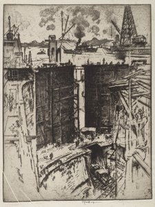 Das Wachttor, Gatun-Schleuse, Panama, 1912 von Joseph Pennell