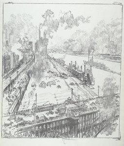 Der Kai von der Eads-Brücke, St. Louis, 1919 von Joseph Pennell
